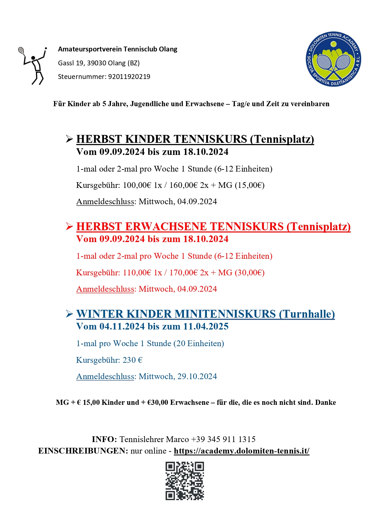 Flyer Tenniskurse 2024-2025 Olang