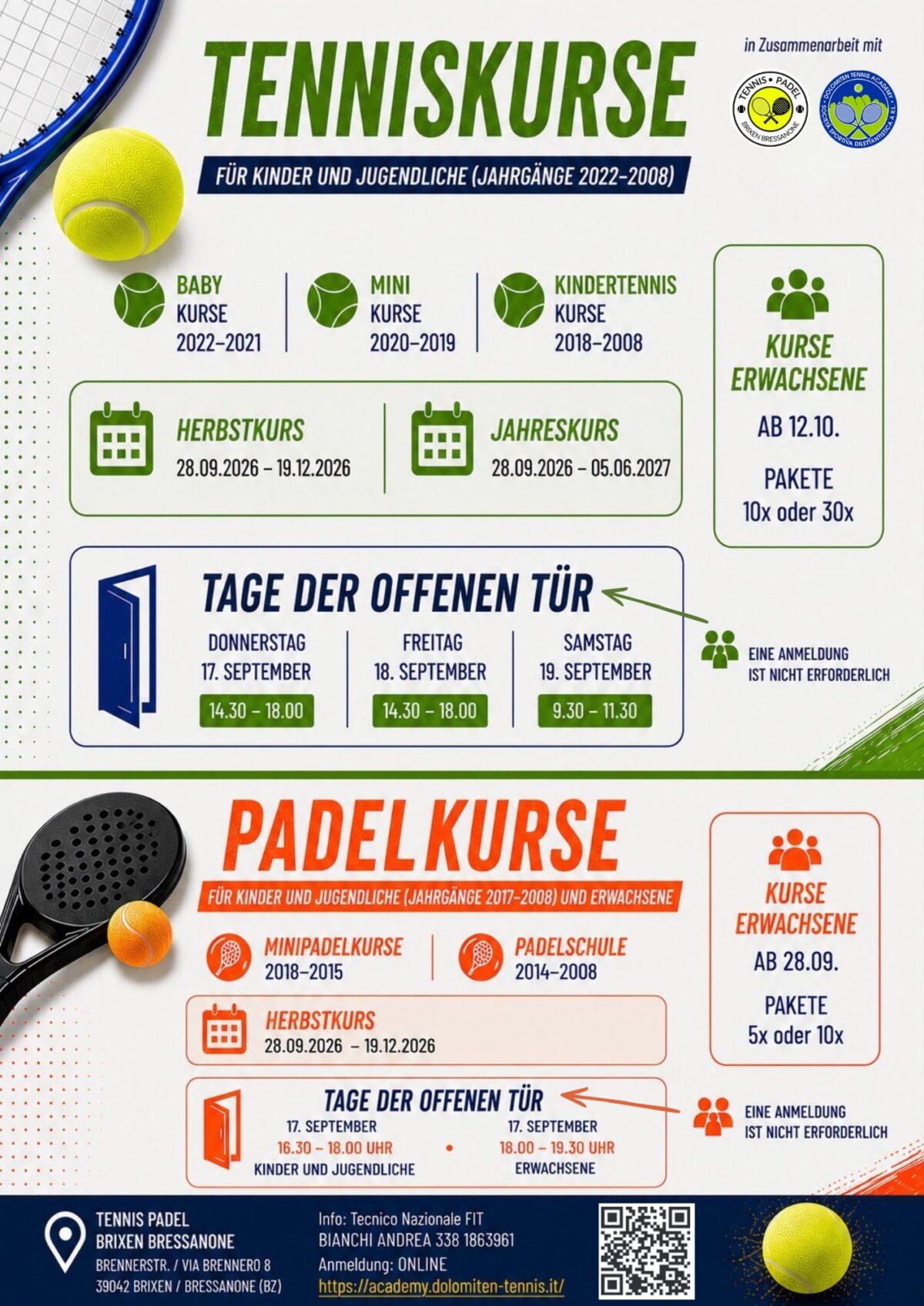 Tennis- und Padellkurse: Tenniskurse, Padellkurse, Termine, Preise
